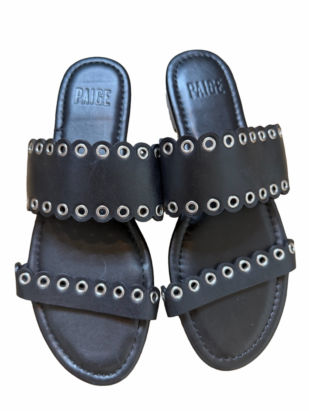 Paige Womens Double Strap Grommet Scalloped Sandals Black Leather Size 6.5